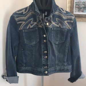 Chico’s Jean Jacket with Gold and Brown Detailing